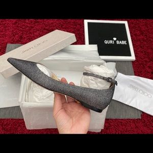 💯Auth JIMMY CHOO Lucy Anthracite Point-Toe Flat